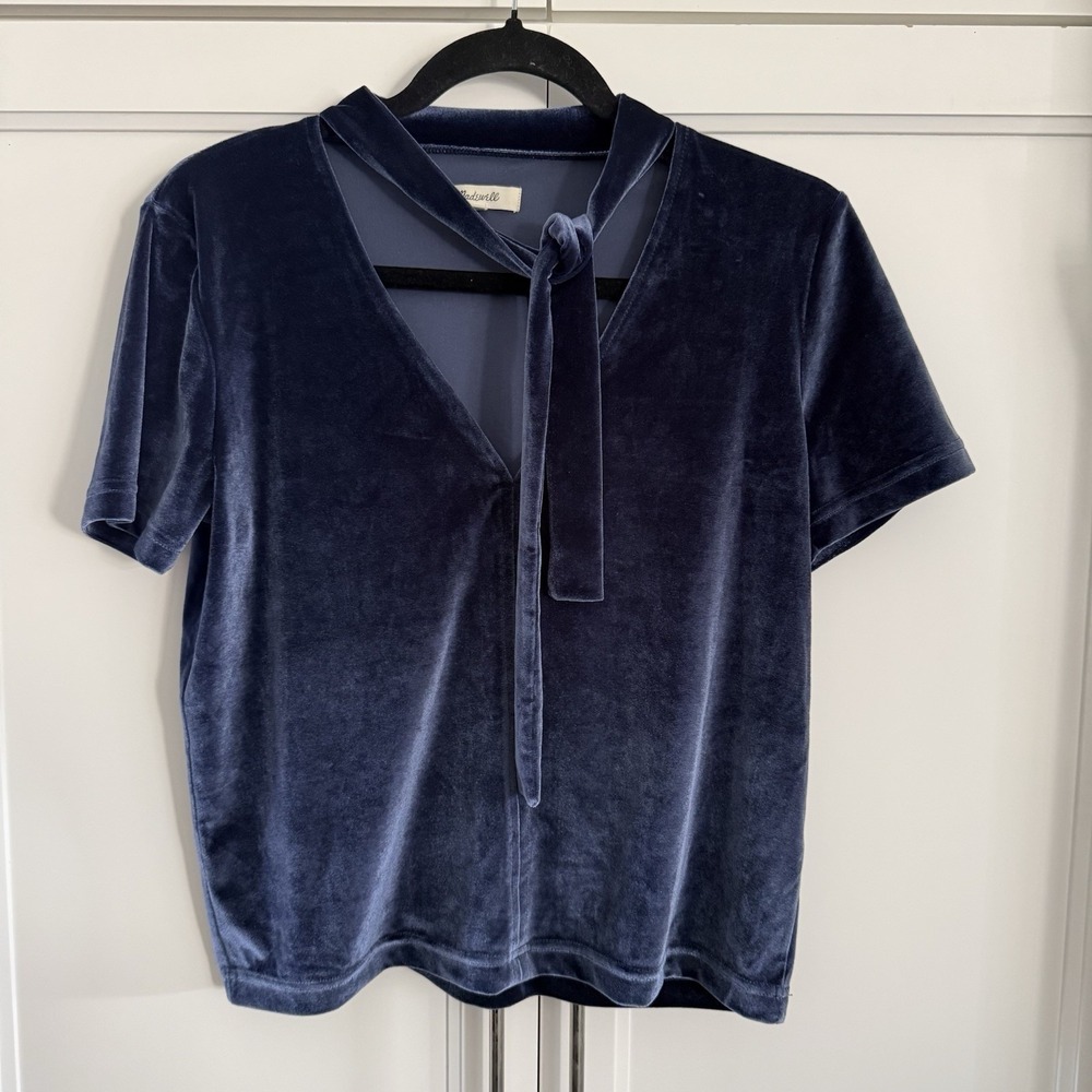 Madewell Velvet Tie-Neck Blouse Nightfall Navy Soft Luxe Holiday Party Top
